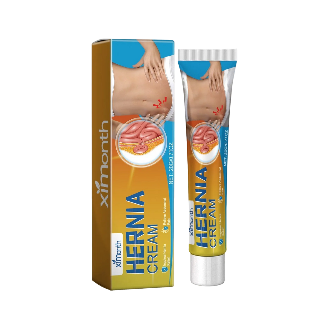 Hernia Relief Cream tube and box — natural hernia ointment with Mint and Ginger formula
