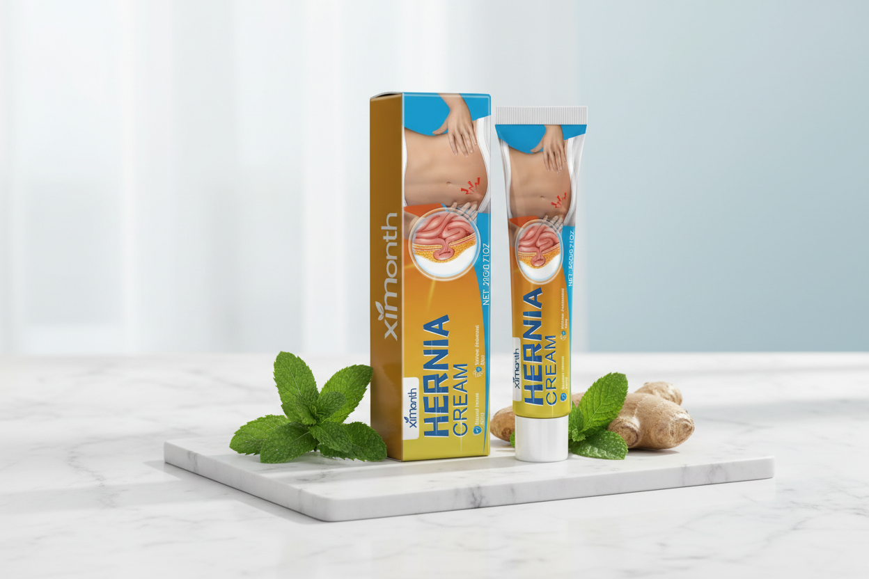 Ximonth hernia relief cream tube and box with natural ginger and mint ingredients