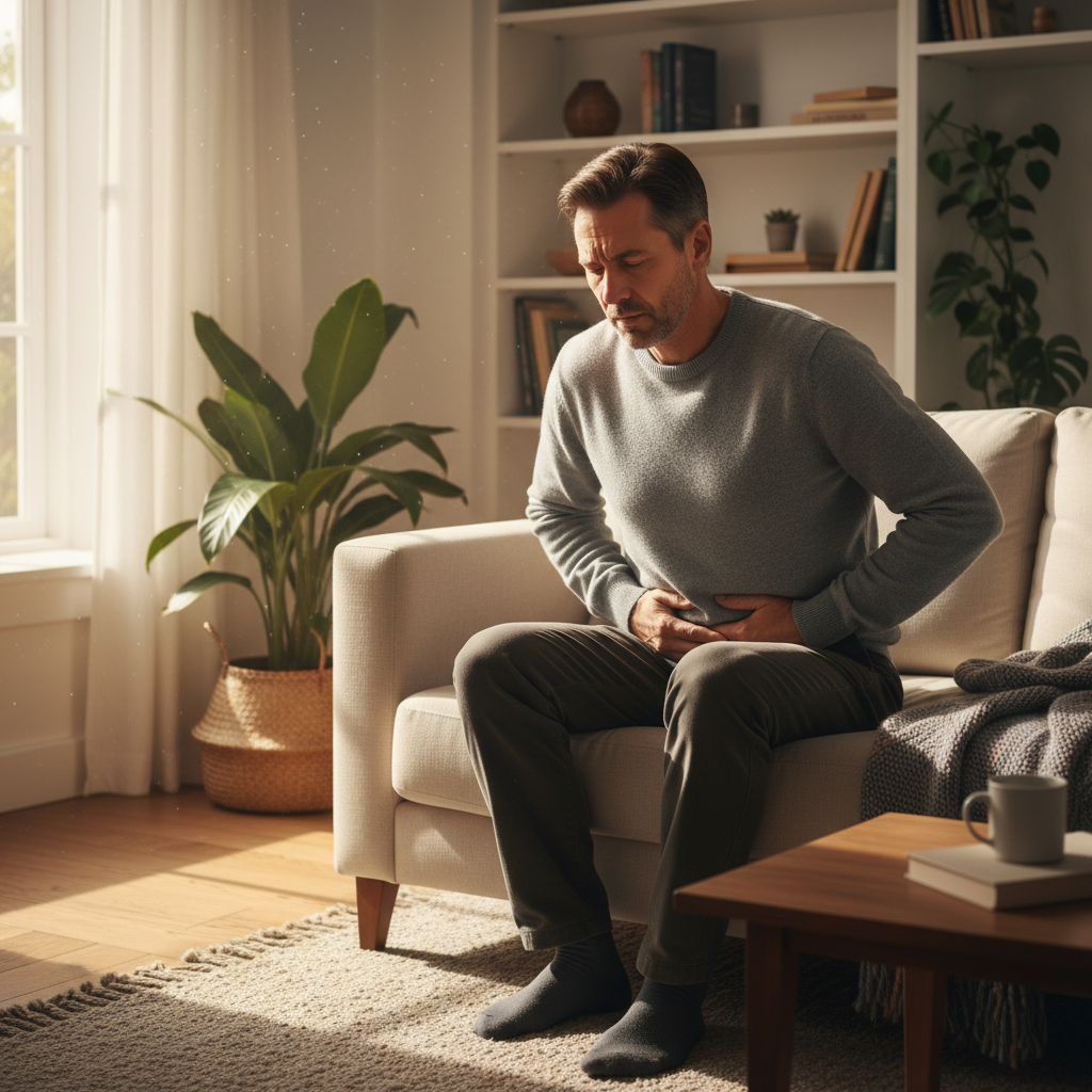 Hombre con dolor de hernia inguinal en casa buscando cómo aliviar el dolor con crema para hernia