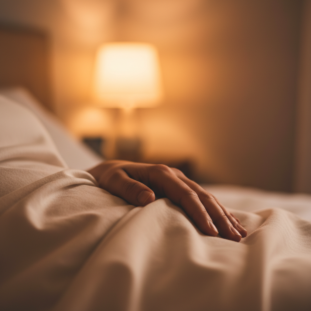 Mano sobre el abdomen buscando alivio para el dolor de hernia inguinal en casa