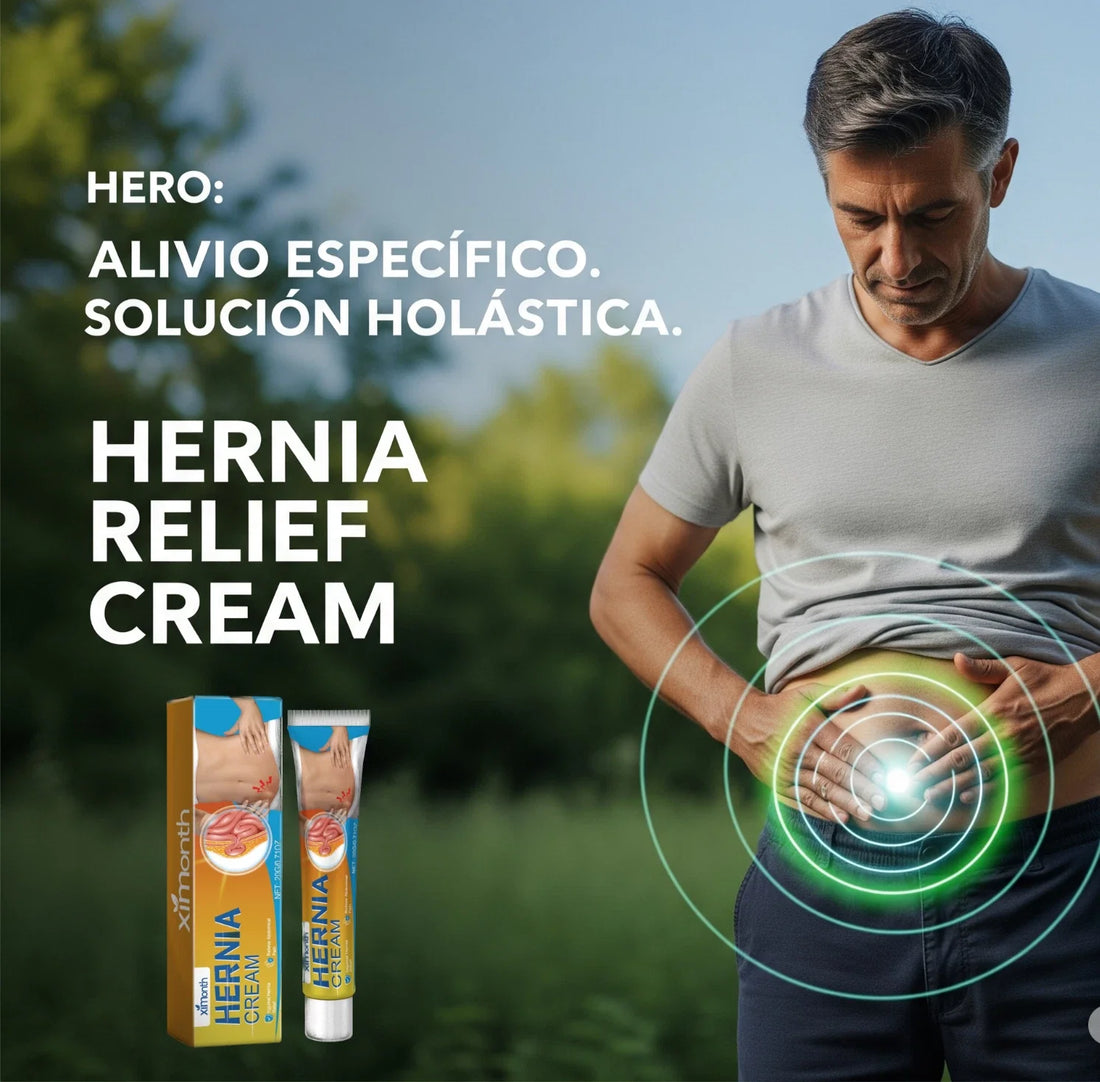 Hombre con dolor de hernia abdominal experimentando alivio con crema natural para hernia