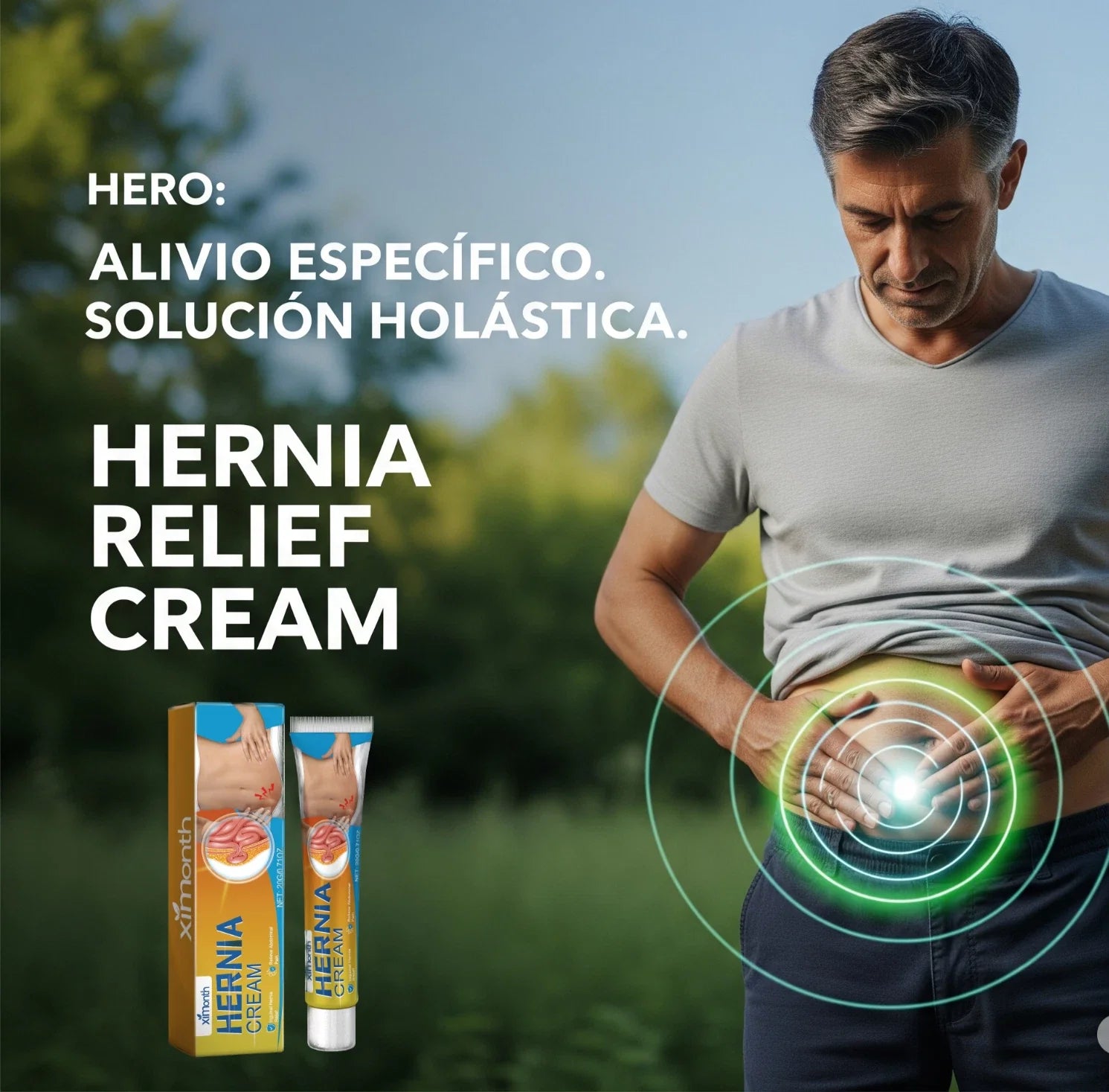 Hombre con dolor de hernia abdominal experimentando alivio con crema natural para hernia