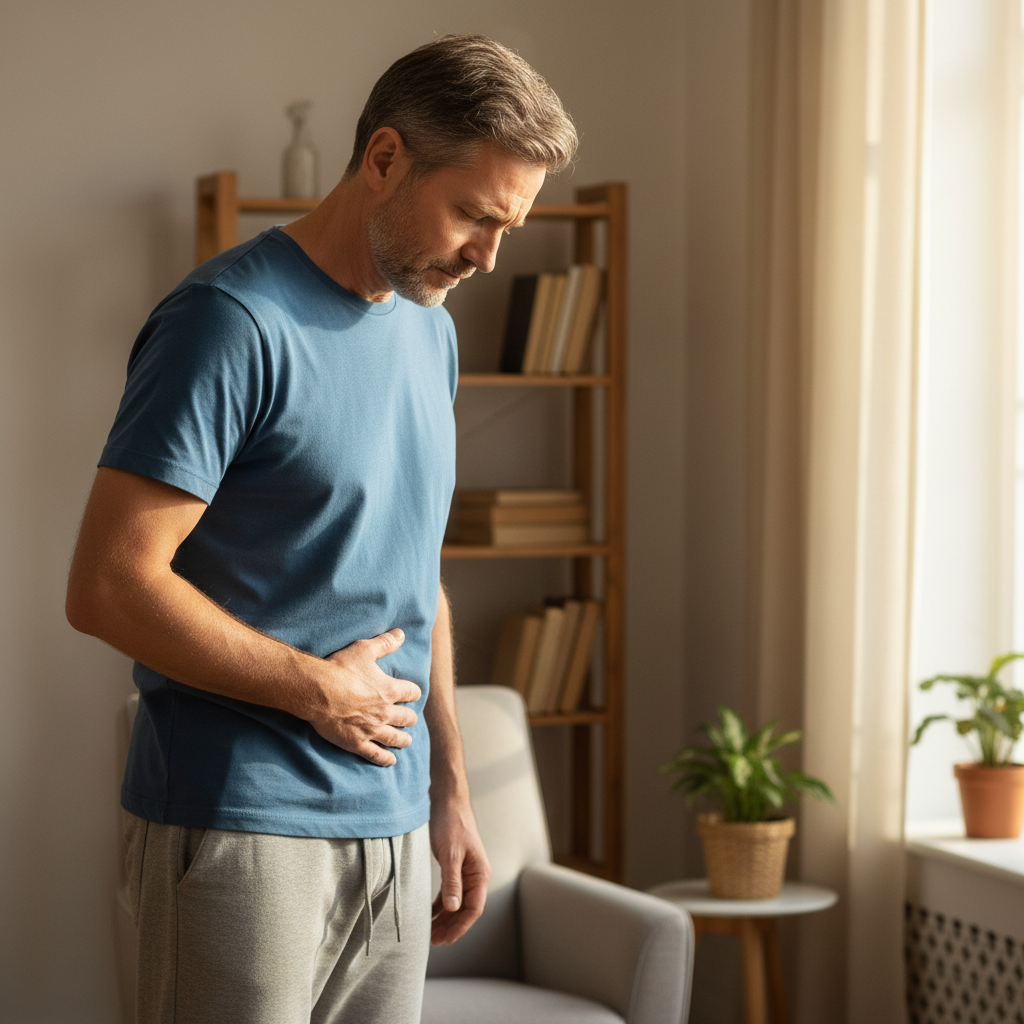 Hombre identificando síntomas de hernia inguinal abdominal en casa