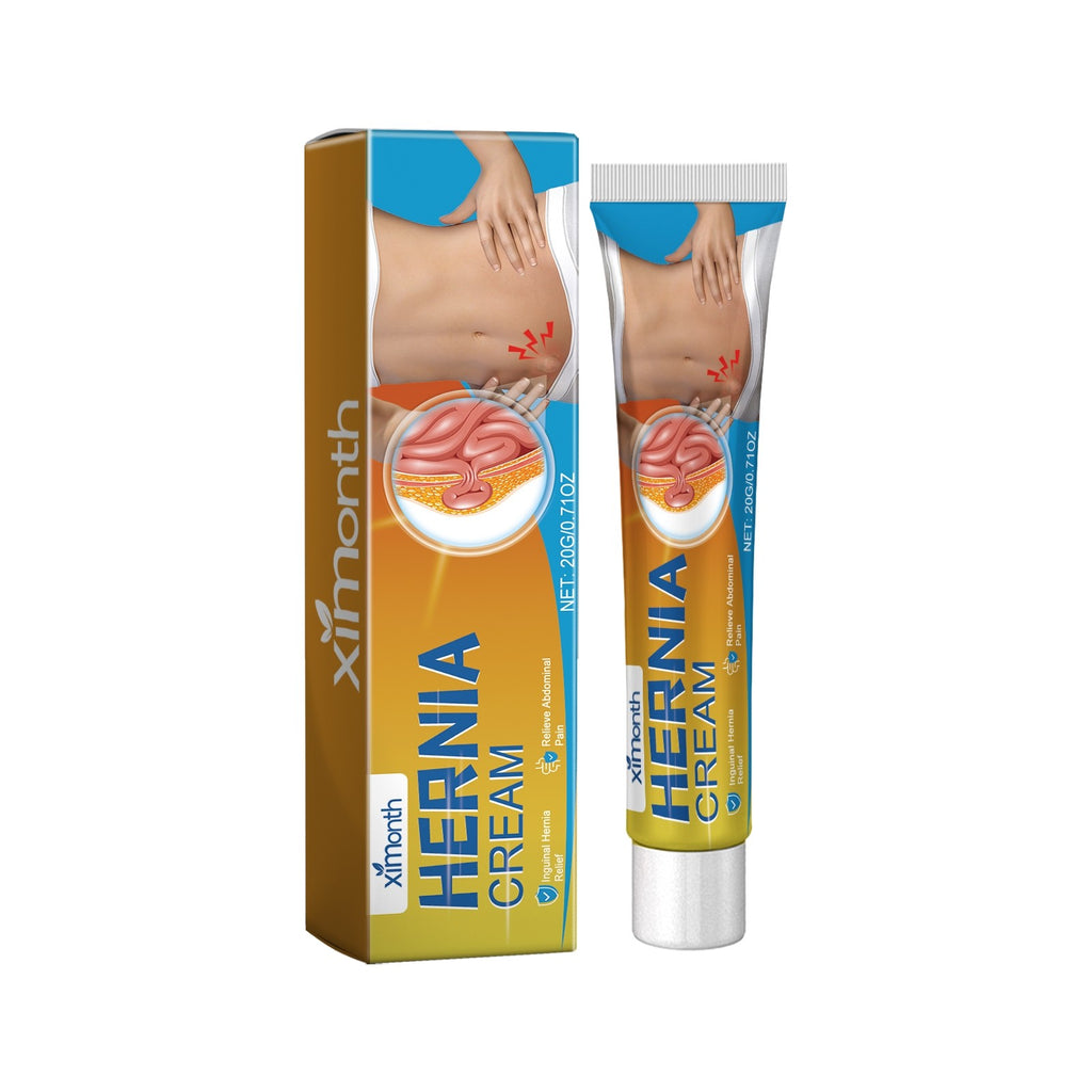 Hernia Relief Cream tube and packaging by herniarelief with illustration of hernia pain area