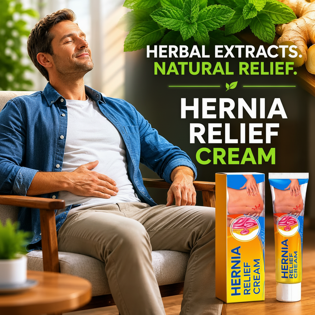 Hernia Relief Cream with herbal extracts shown next to a relaxed man applying cream for natural hernia relief