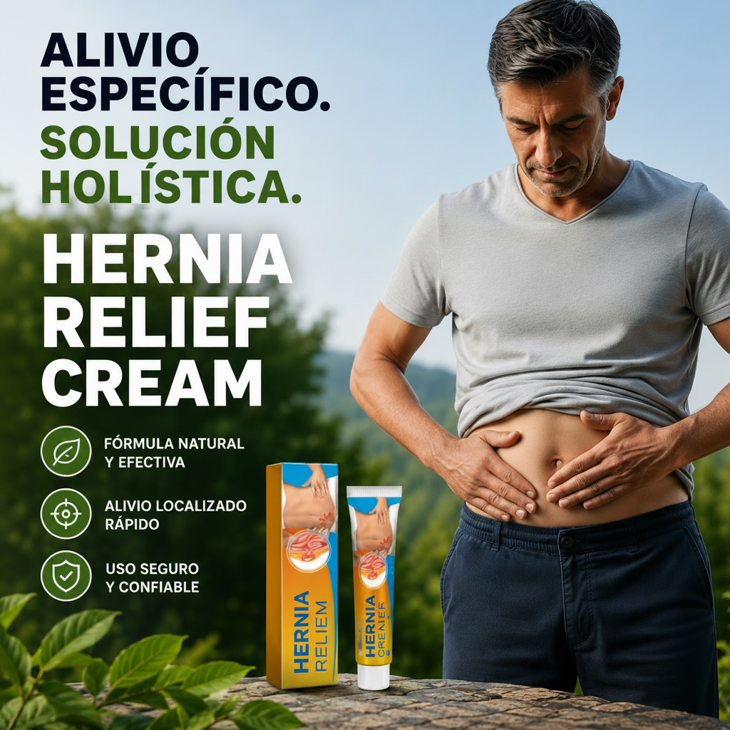 Man holding his stomach with hernia relief cream packaging displayed, set against a natural background.