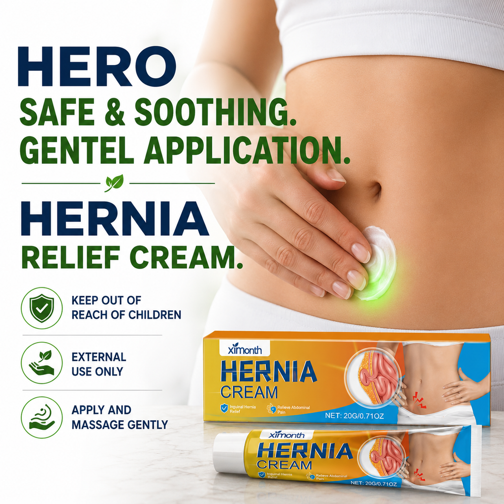 Hernia Relief Cream by HerniaRelief tube and box displayed with a person applying cream to abdomen