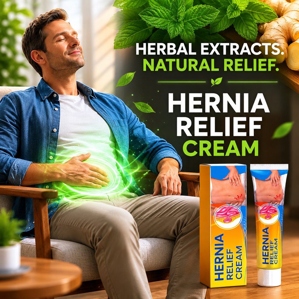 Hernia Relief Cream with herbal extracts for natural relief shown with relaxed man holding stomach